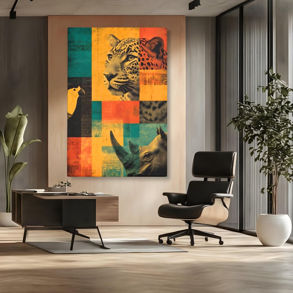Tablou canvas cu tablou vertical cu leopard si rinocer, fara rama, pe sasiu de lemn, pe perete intr-un birou